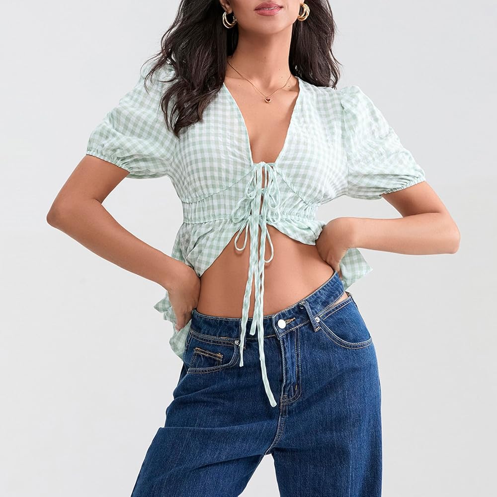 Women Gingham Tie Front Blouse Plaid V-Neck Puff Short